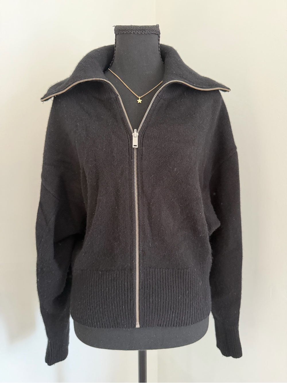 COS Black 100% Wool Full Zip Oversized Collar Cardigan Sweater XS